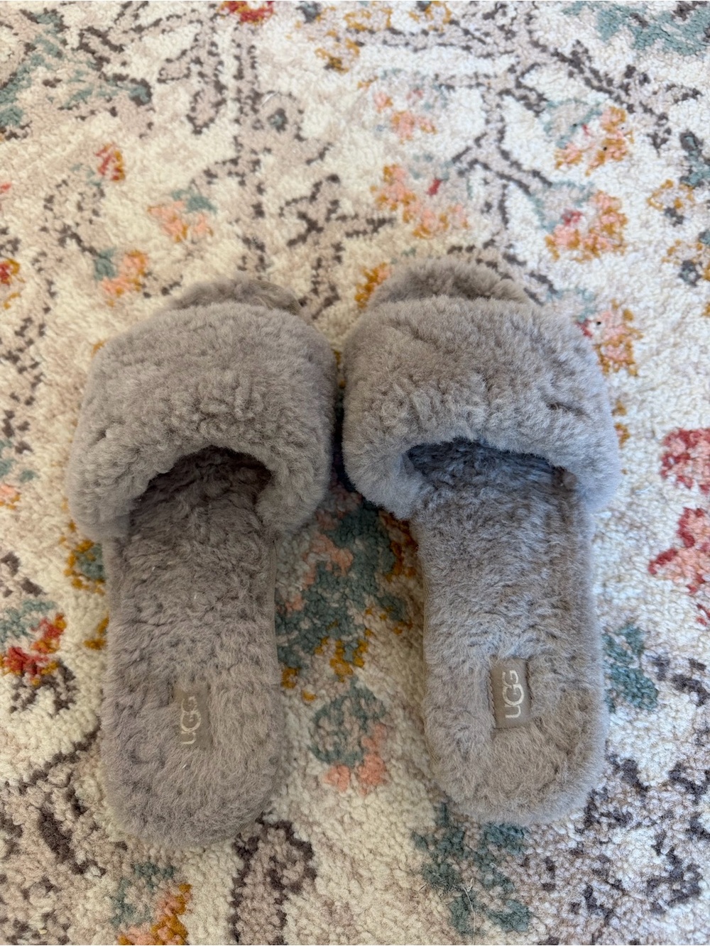 UGG Plush Shearling Slide Slippers in Light Grey